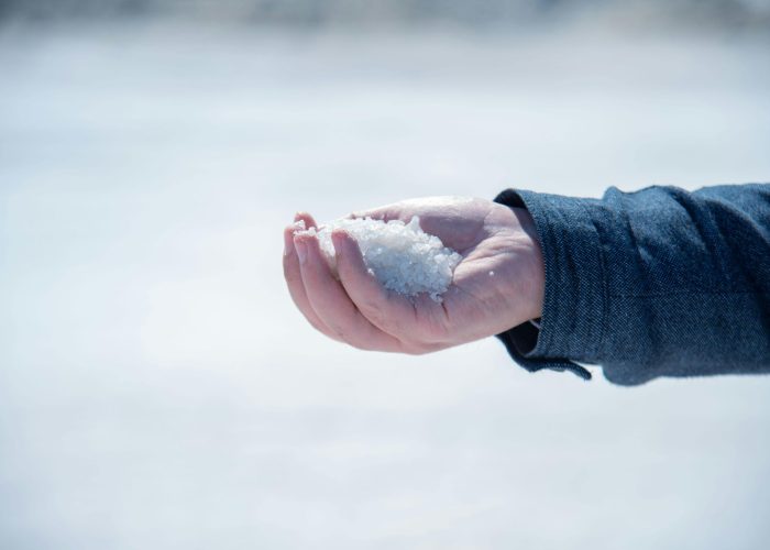 A close-up view of a hand holding white salt crystals outdoors, capturing texture and detail.
